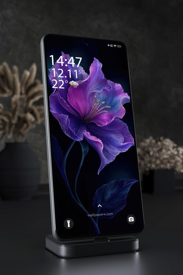 Phone Wallpaper 4832 - Neon Purple Hibiscus on a Midnight Background