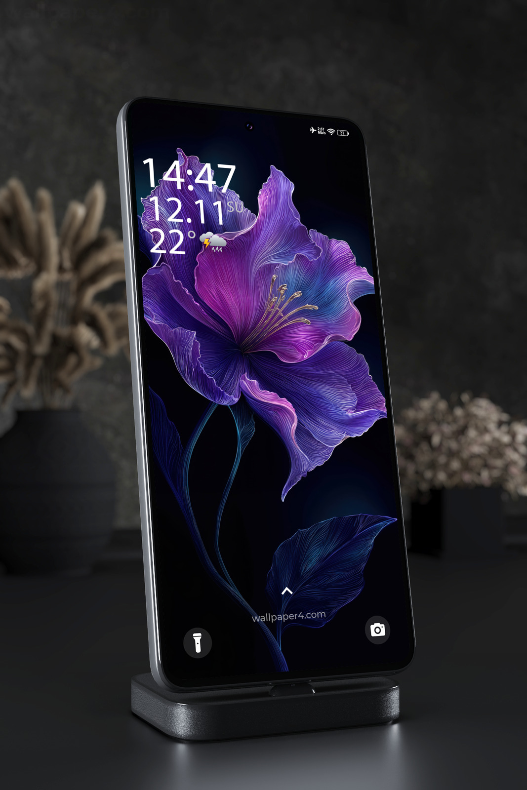 Phone Wallpaper 4832 - Neon Purple Hibiscus on a Midnight Background