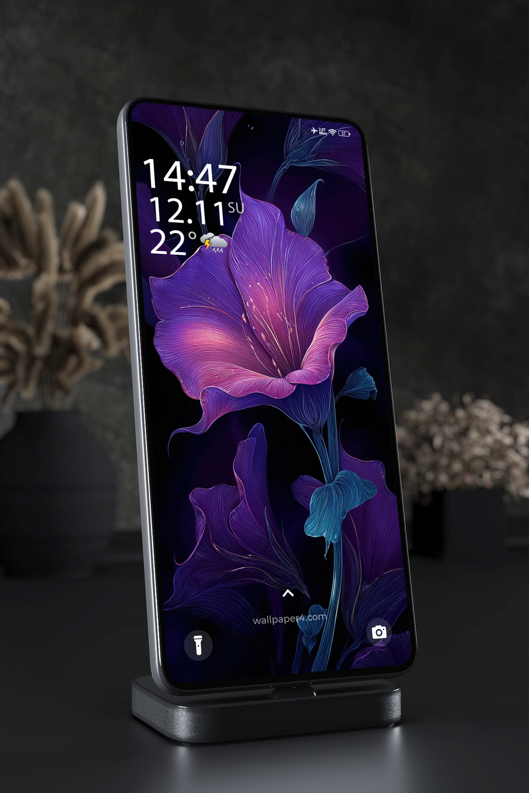 Mobile Wallpaper 4832 - Neon Purple Hibiscus on a Midnight Background