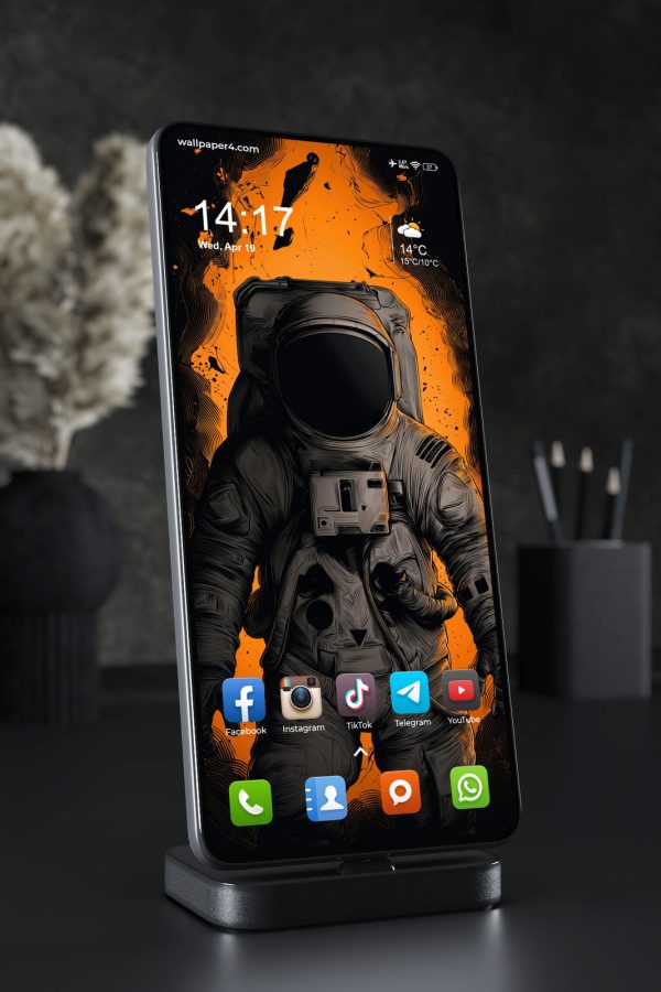Phone Wallpaper 4837 - Astronaut in Orange Cosmic Ink Illustration