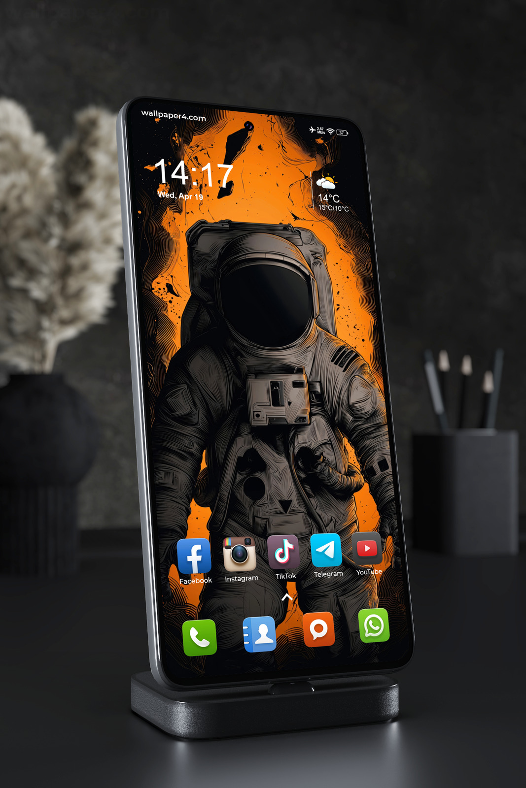 Phone Wallpaper 4837 - Astronaut in Orange Cosmic Ink Illustration