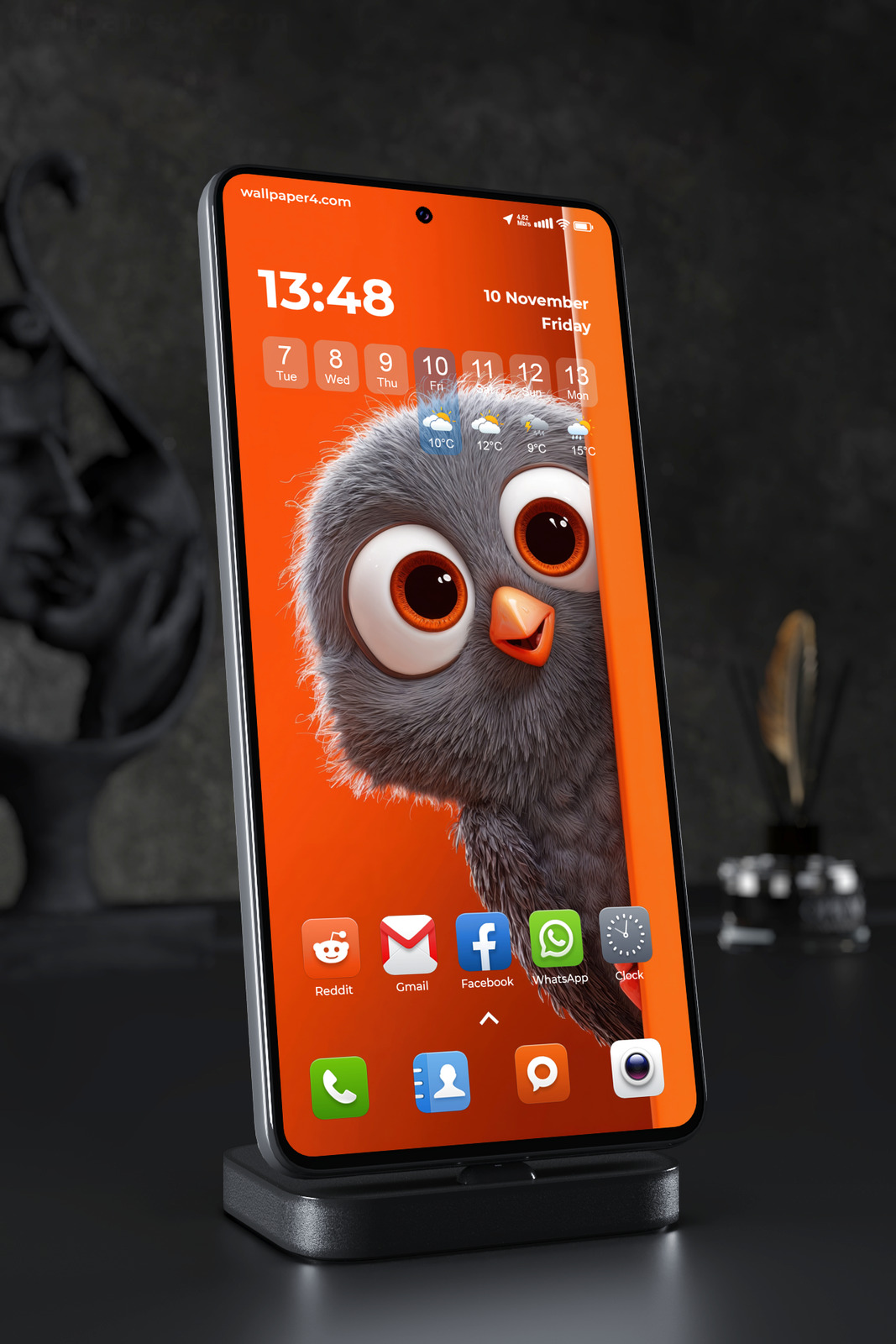 Phone Wallpaper 4846 - Cute Gray Owl Peeking on Bright Orange Background
