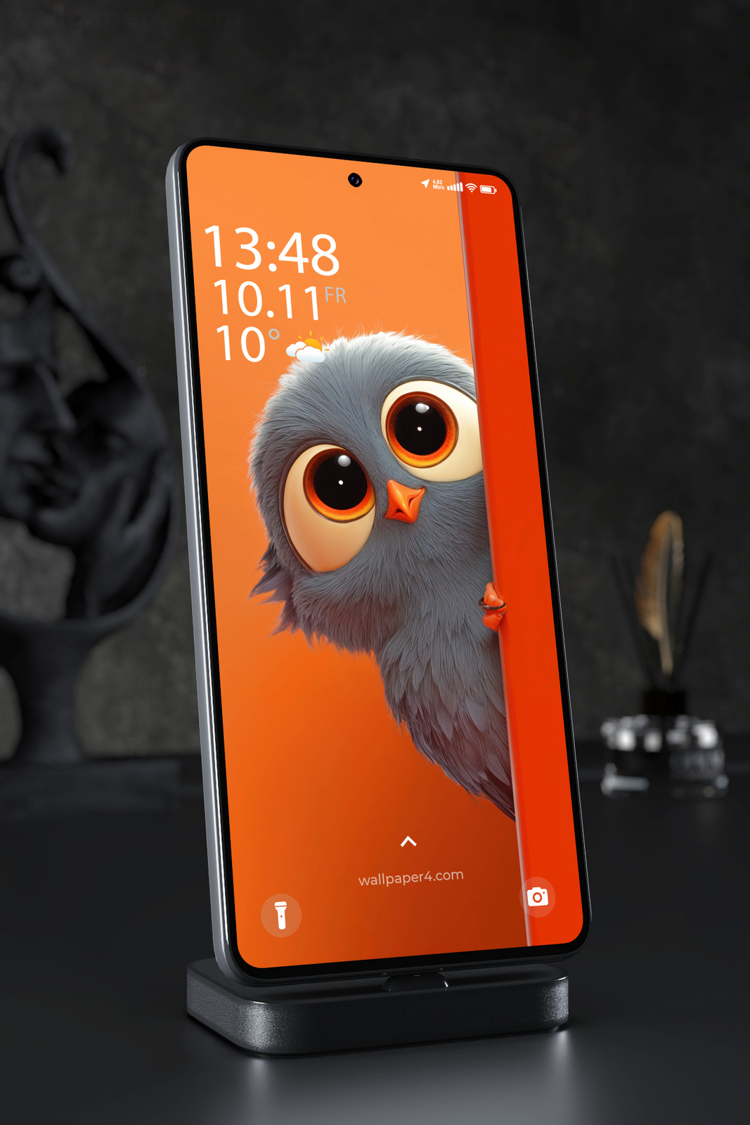 Mobile Wallpaper 4846 - Cute Gray Owl Peeking on Bright Orange Background