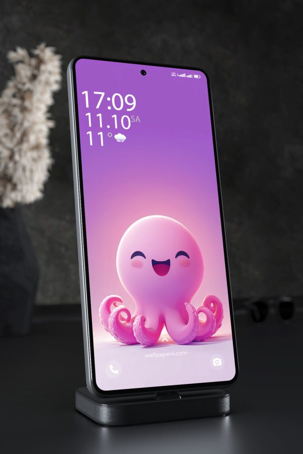 Phone Wallpaper 4849 - Cute Pink Octopus on Purple Gradient Background