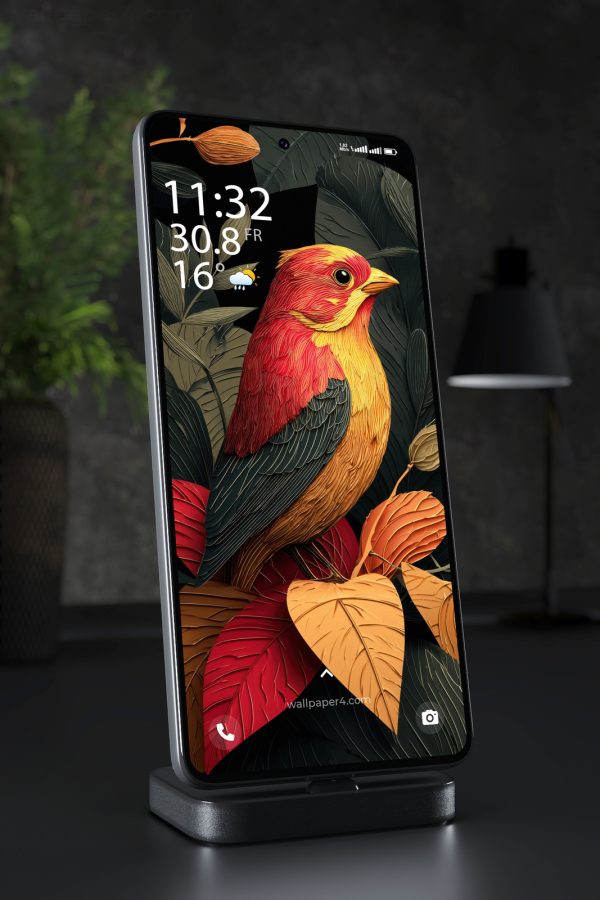 Phone Wallpaper 4853 - Vibrant Red Bird Among Dark Tropical Leaves