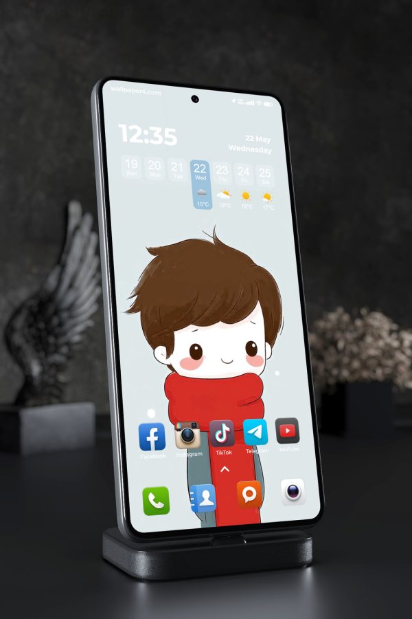 Phone Wallpaper 4873 - Cute Cartoon Boy in a Red Scarf on Soft Blue