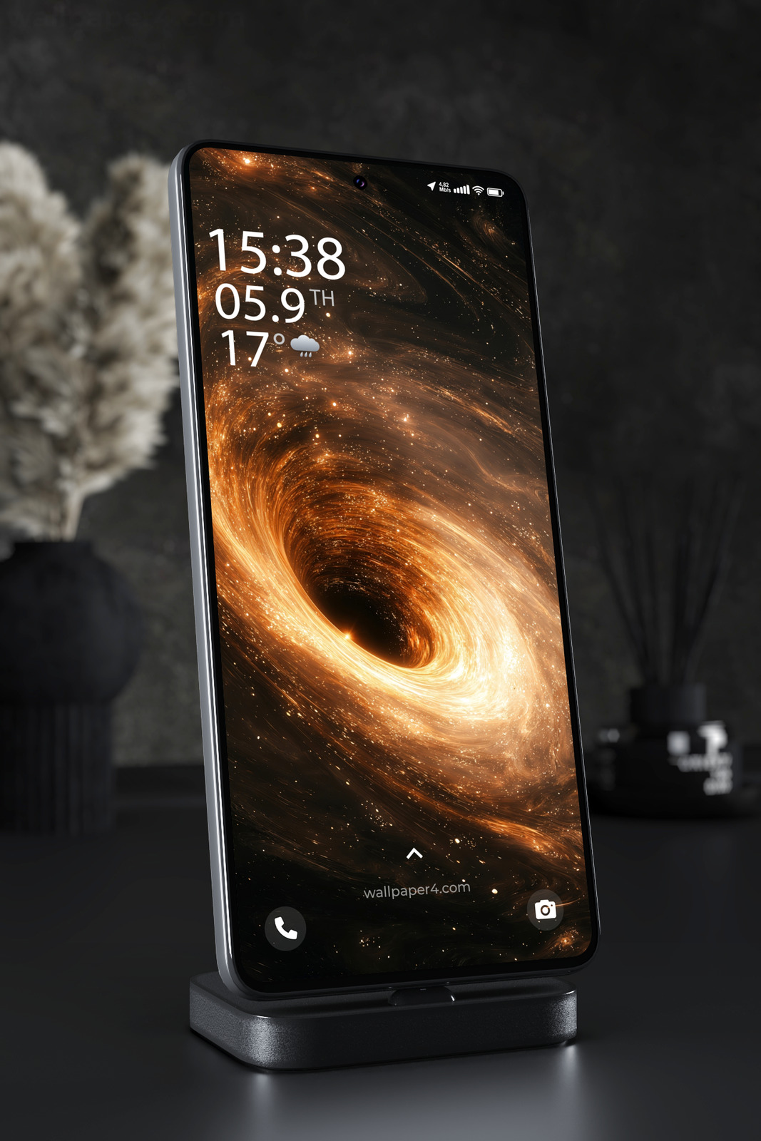 Phone Wallpaper 4880 - Golden Black Hole in a Glowing Cosmic Vortex