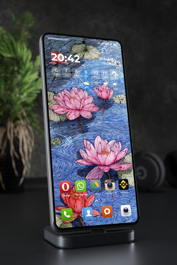 Phone Wallpaper 4908 - Lotus Flowers on a Rippling Blue Pond Illustration