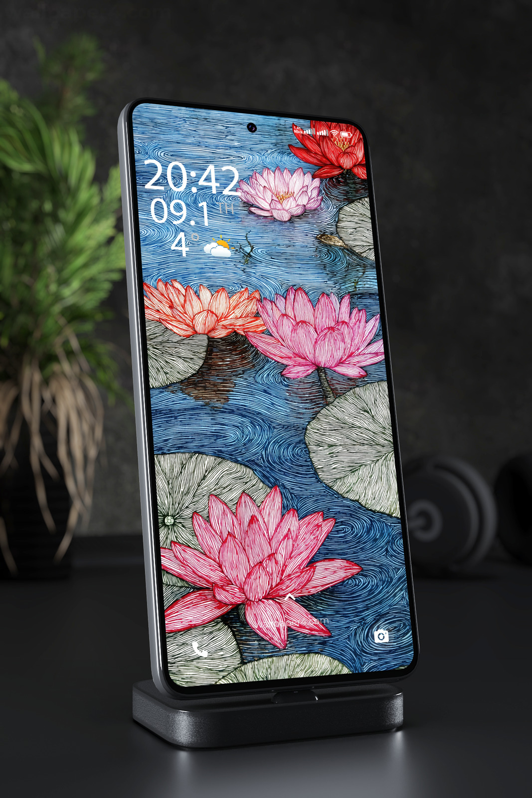 Mobile Wallpaper 4908 - Lotus Flowers on a Rippling Blue Pond Illustration