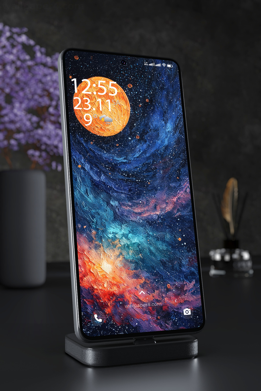 Phone Wallpaper 4935 - Orange Planet Drifting Through a Swirling Cosmos