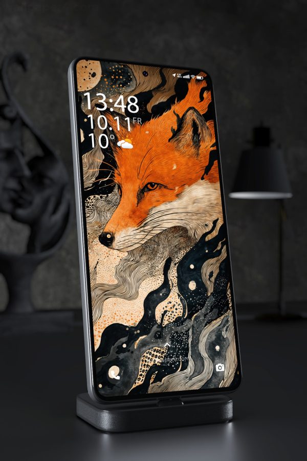 Phone Wallpaper 4941 - Cosmic Fox Portrait in Flowing Celestial Line Art