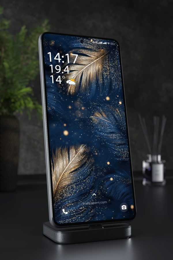 Phone Wallpaper 4950 - Golden Feathers on Deep Navy Sparkling Abstract