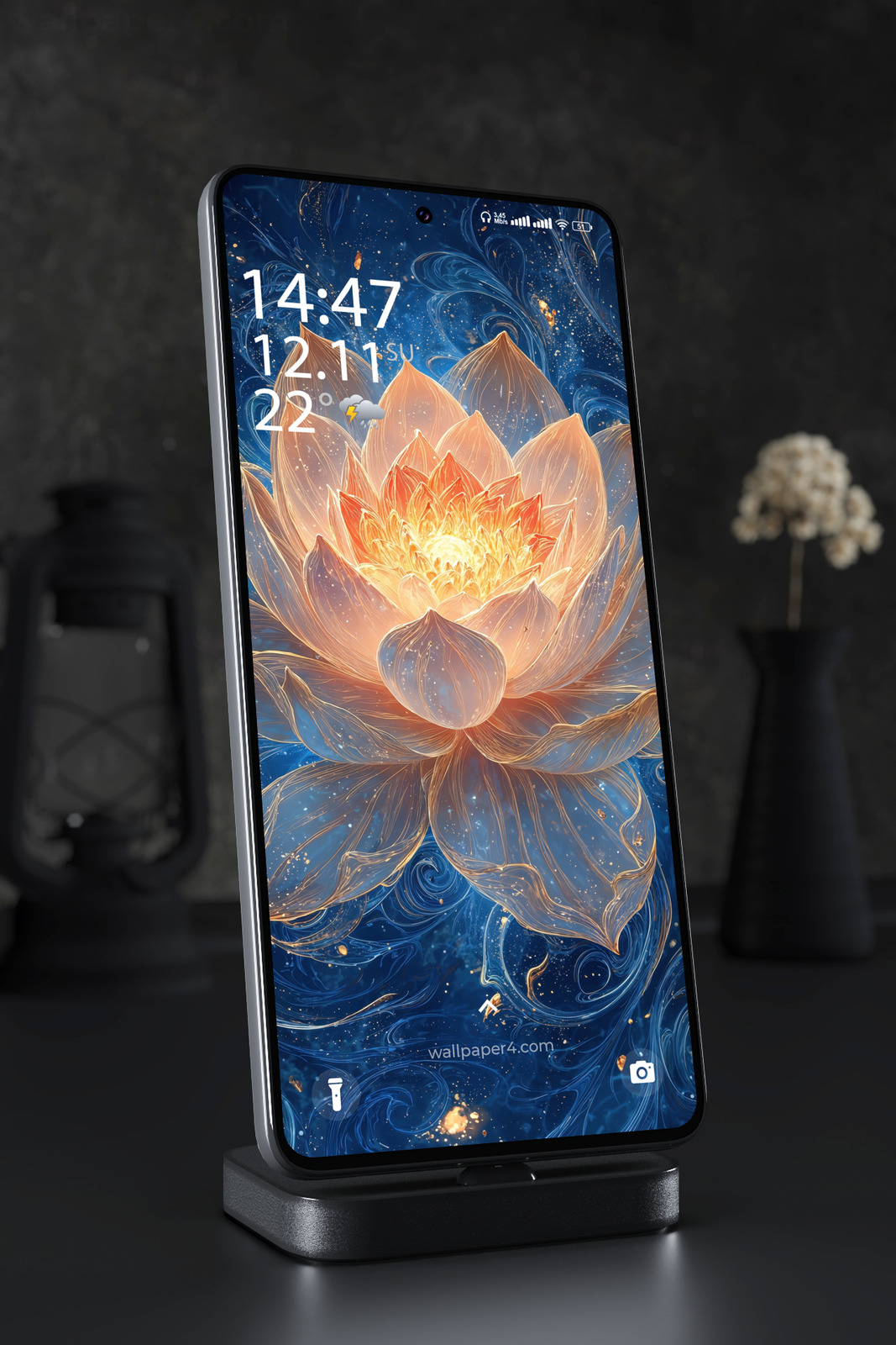 Phone Wallpaper 4955 - Glowing Golden Lotus in a Midnight Blue Dream