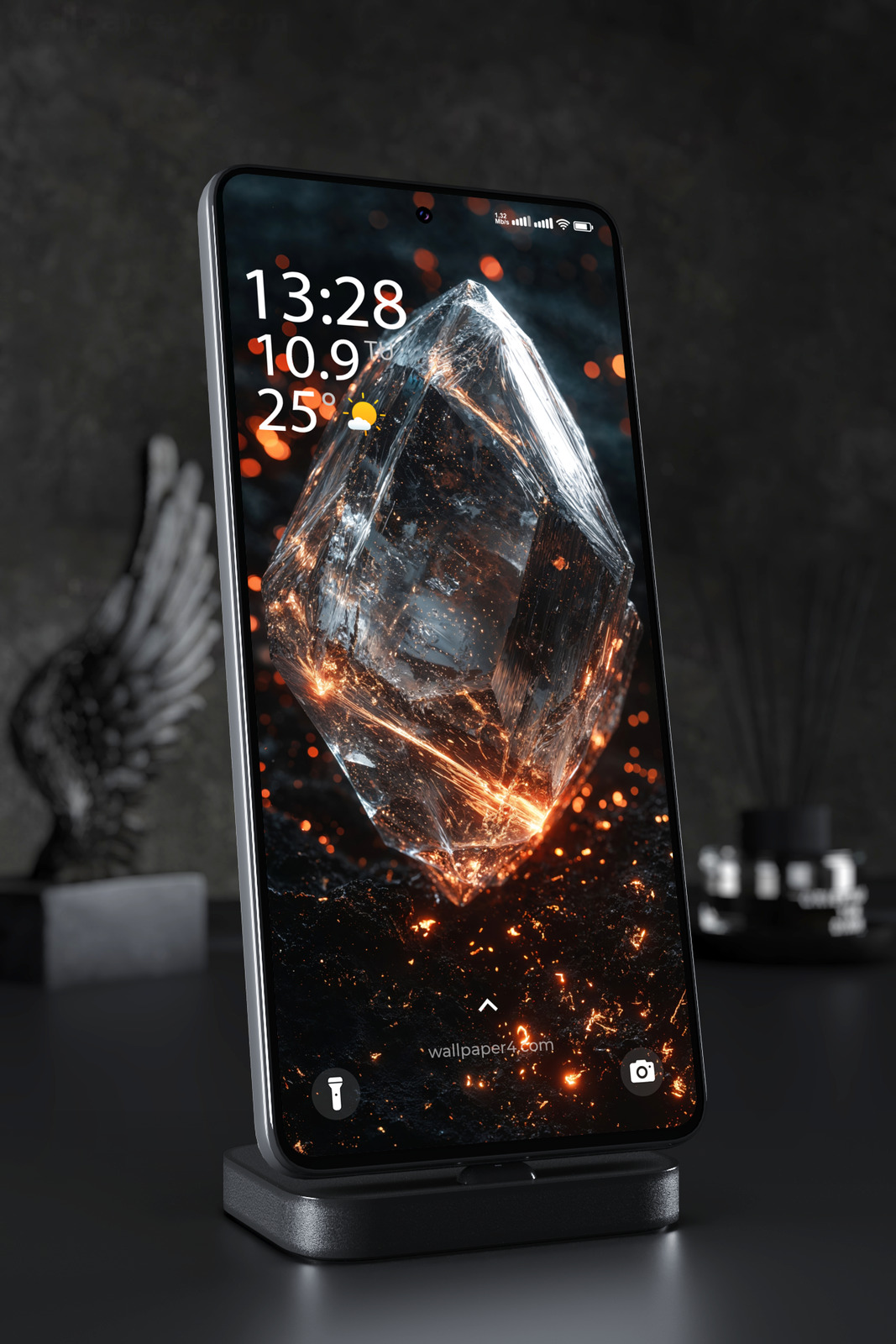 Phone Wallpaper 4991 - Glowing Crystal with Fiery Orange Energy Core
