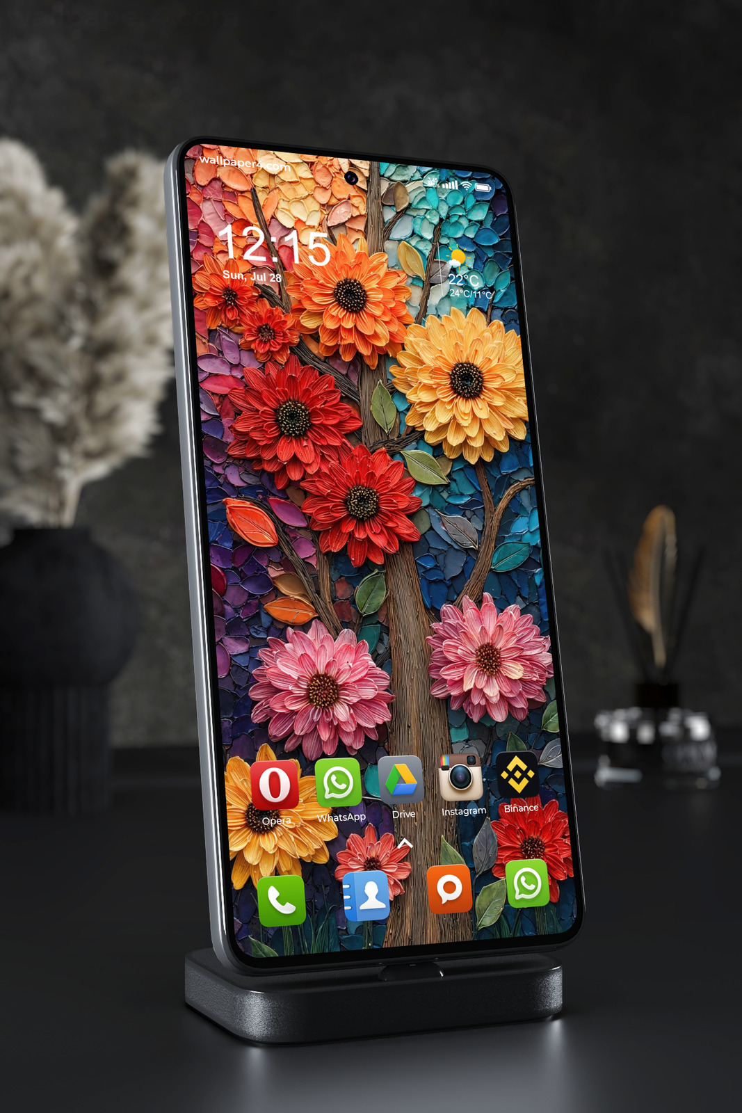 Phone Wallpaper 4999 - Vibrant Mosaic Flower Tree in Sunset Colors