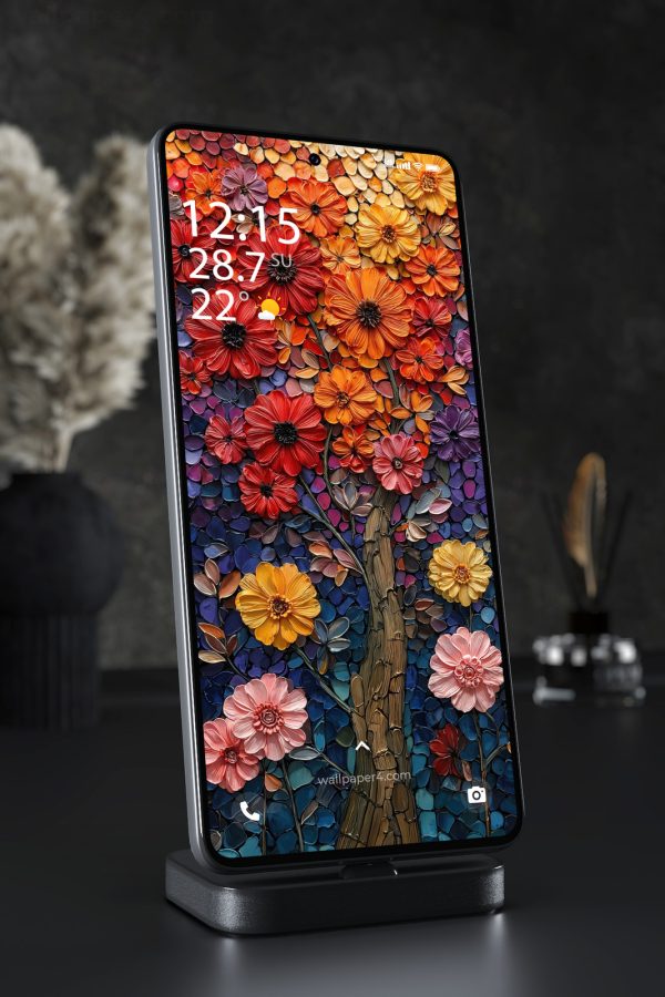 Mobile Wallpaper 4999 - Vibrant Mosaic Flower Tree in Sunset Colors