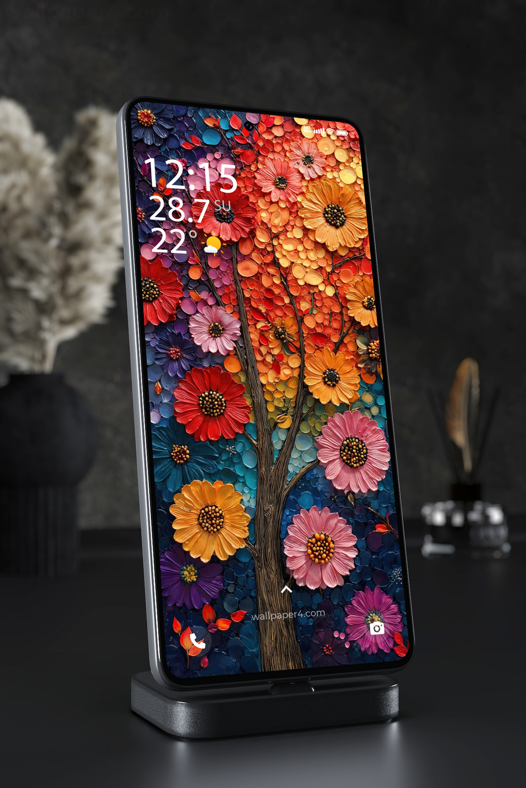 Mobile Wallpaper 4999 - Vibrant Mosaic Flower Tree in Sunset Colors