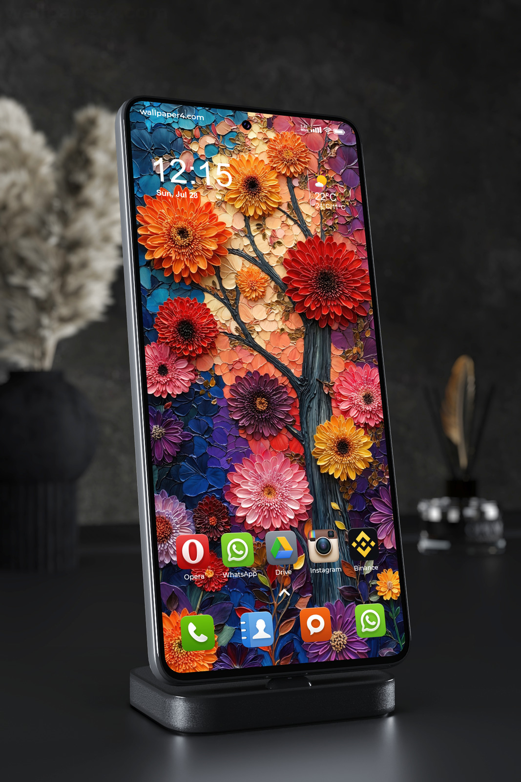 Mobile Wallpaper 4999 - Vibrant Mosaic Flower Tree in Sunset Colors