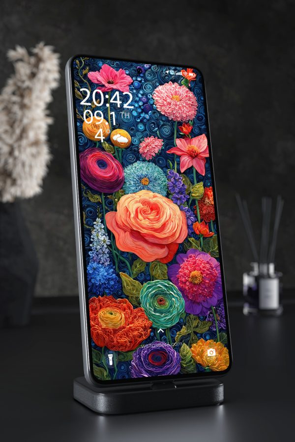 Phone Wallpaper 5014 - Vibrant Floral Garden on Swirling Blue Background