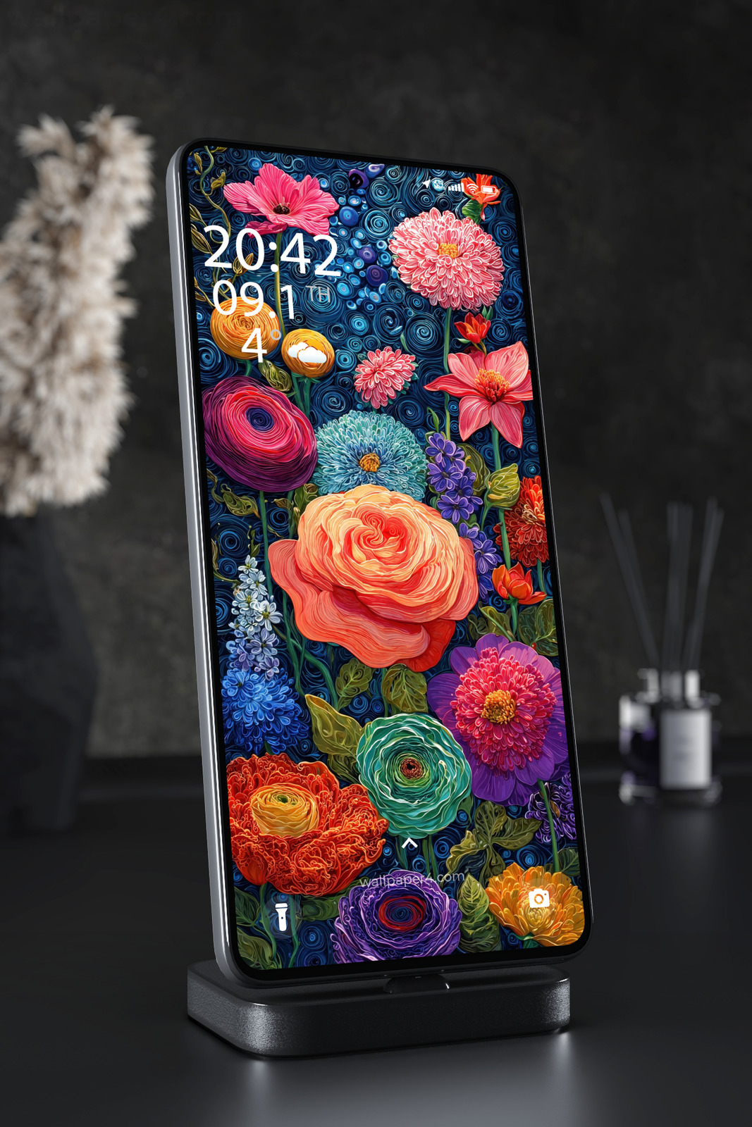 Phone Wallpaper 5014 - Vibrant Floral Garden on Swirling Blue Background