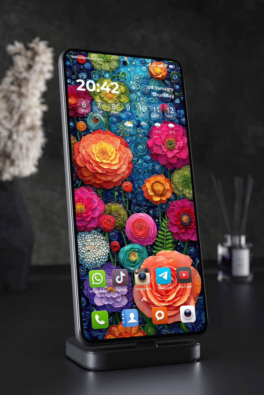 Mobile Wallpaper 5014 - Vibrant Floral Garden on Swirling Blue Background