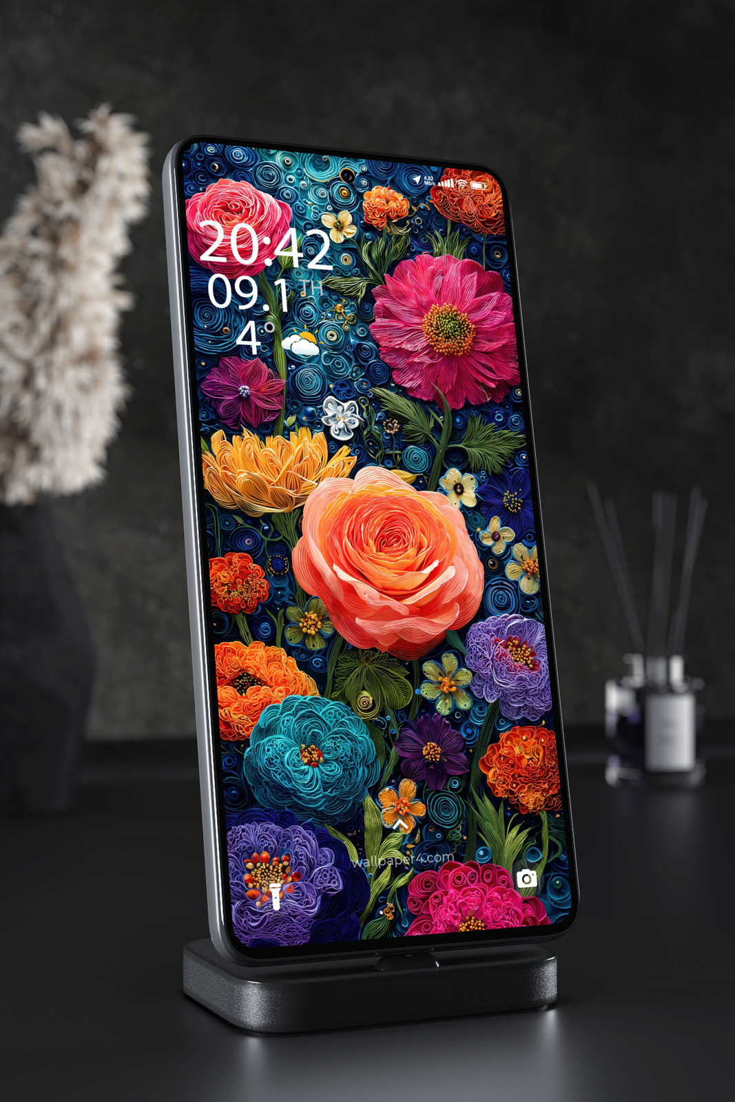 Mobile Wallpaper 5014 - Vibrant Floral Garden on Swirling Blue Background
