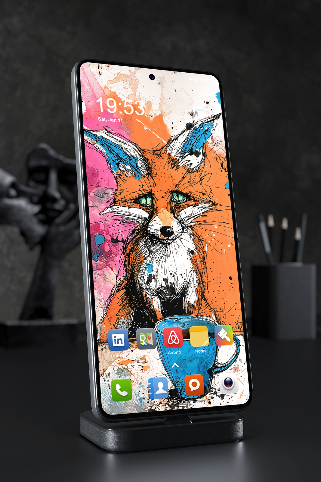 Phone Wallpaper 5031 - Colorful Fox and Coffee Abstract Ink Artwork