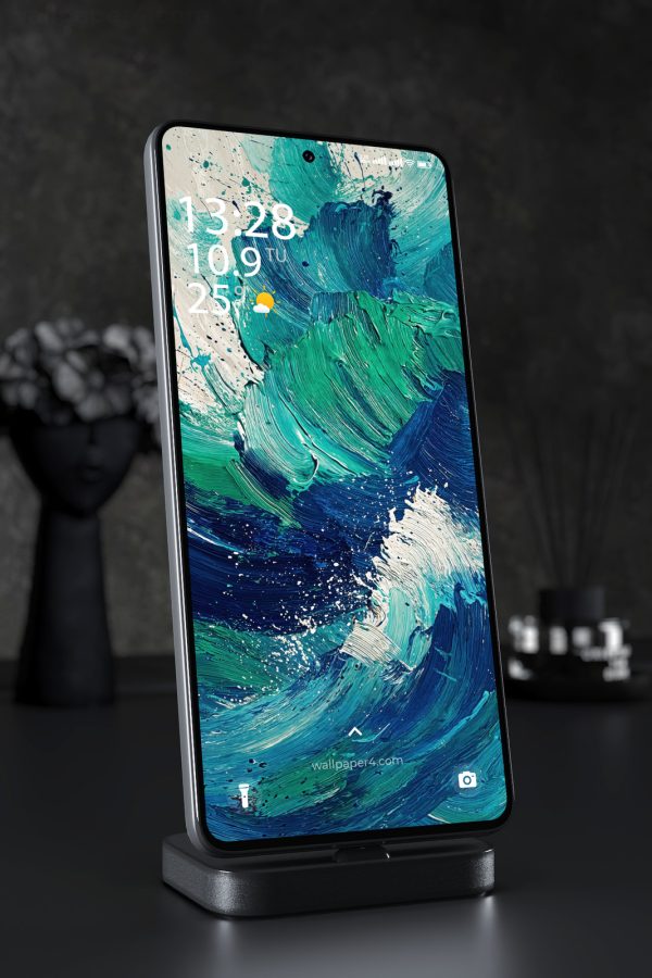 Mobile Wallpaper 5035 - Abstract Emerald Ocean Waves in Textured Paint