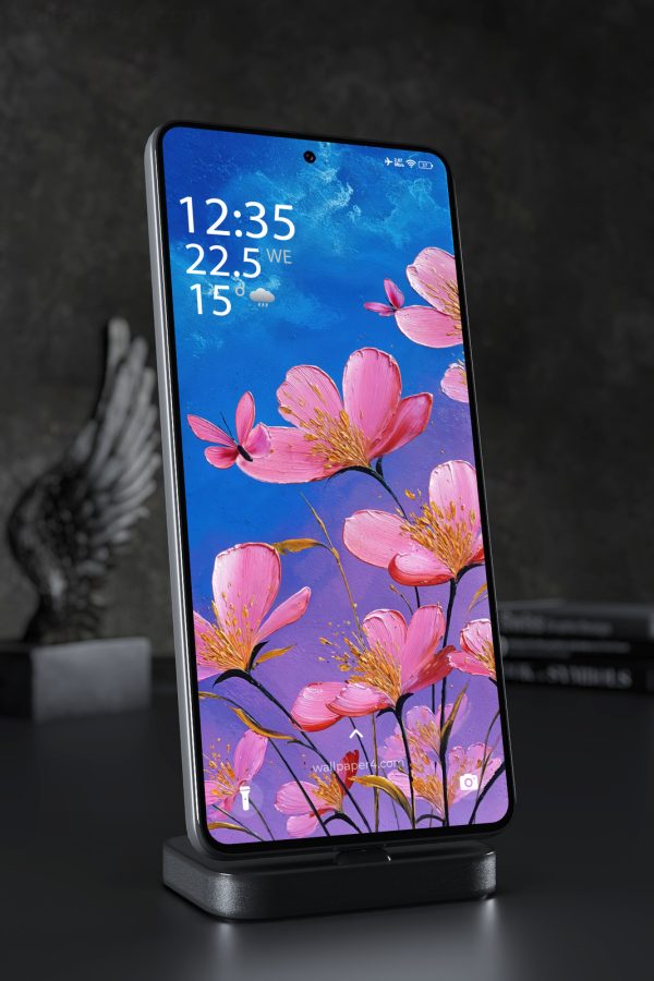 Phone Wallpaper 5039 - Pink Blossoms and Butterflies on Blue Canvas