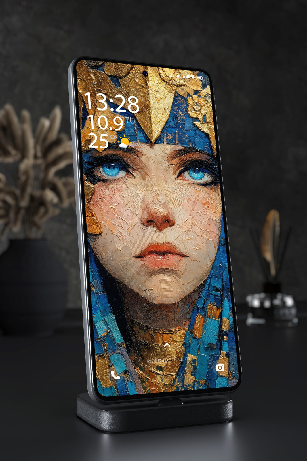 Phone Wallpaper 5042 - Golden Crown Portrait with Striking Blue Eyes