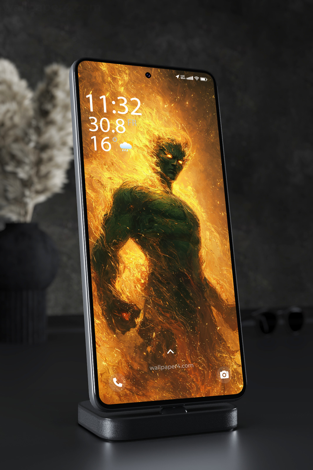 Phone Wallpaper 5046 - Fiery Hulk Rising Through a Storm of Flames