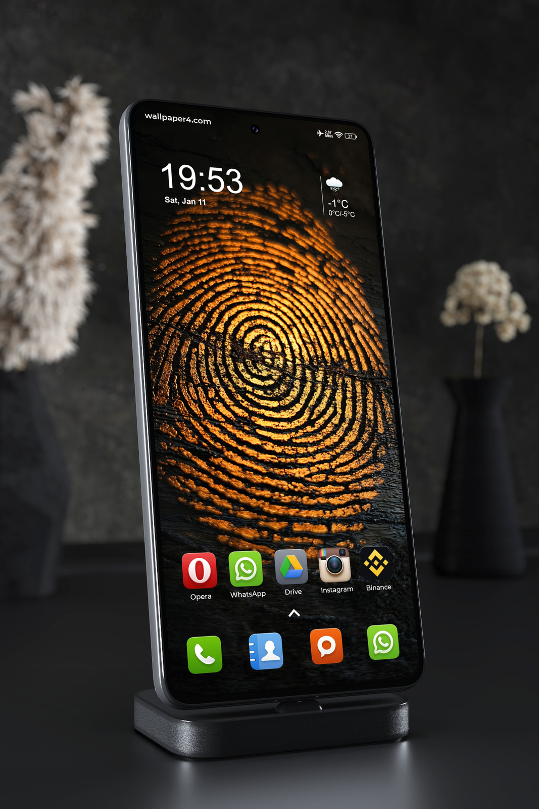 Phone Wallpaper 5059 - Glowing Orange Fingerprint on Black Texture