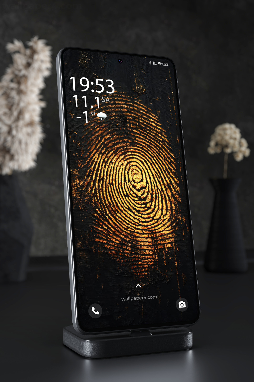 Mobile Wallpaper 5059 - Glowing Orange Fingerprint on Black Texture
