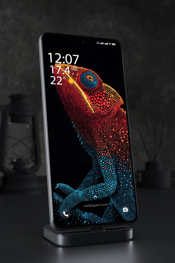 Mobile Wallpaper 5068 - Vibrant Pointillist Chameleon on Black Background
