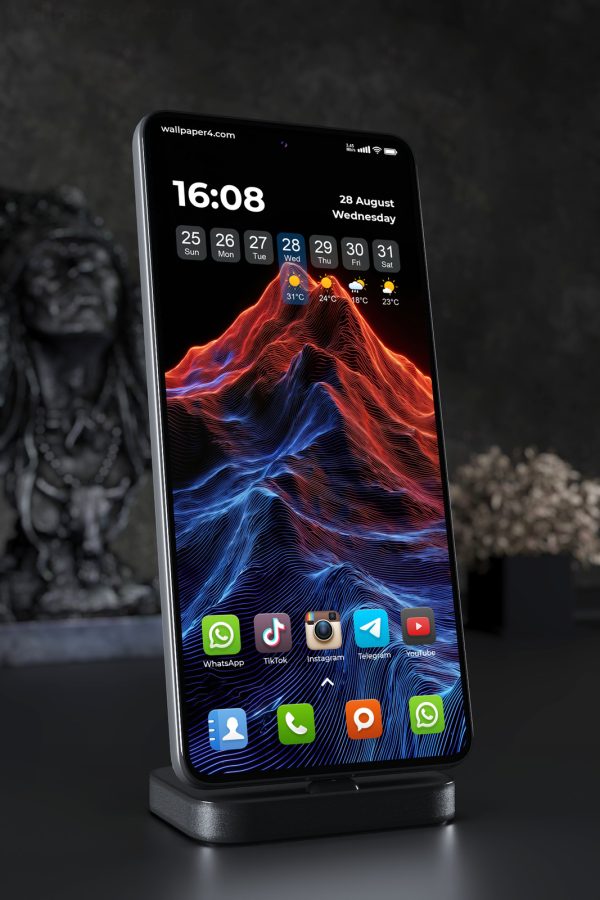 Phone Wallpaper 5072 - Neon Topographic Mountain Waves in Red and Blue