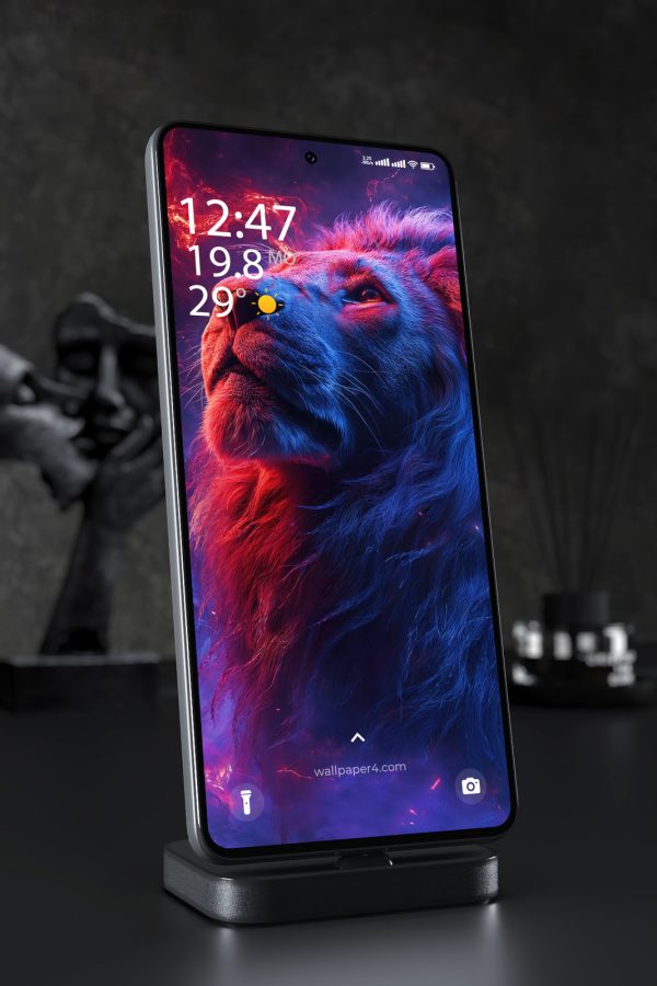 Phone Wallpaper 5080 - Majestic Neon Lion in Cosmic Fire and Blue Light