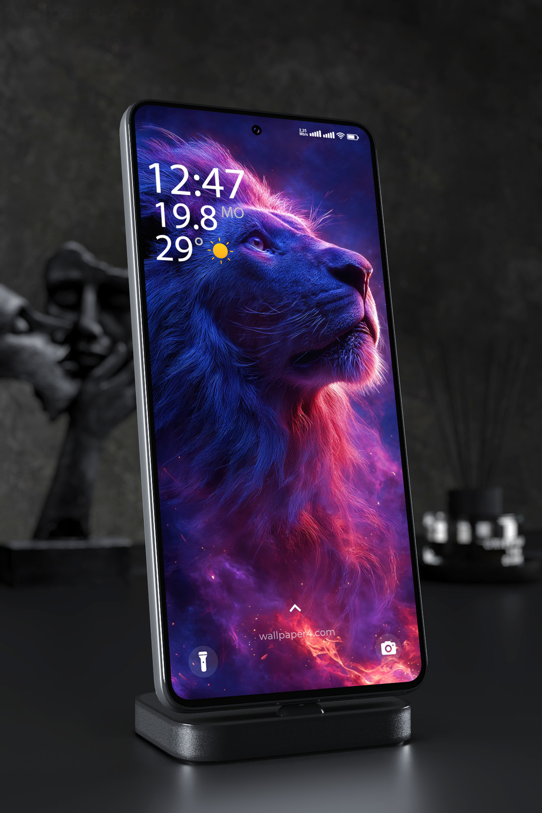 Mobile Wallpaper 5080 - Majestic Neon Lion in Cosmic Fire and Blue Light