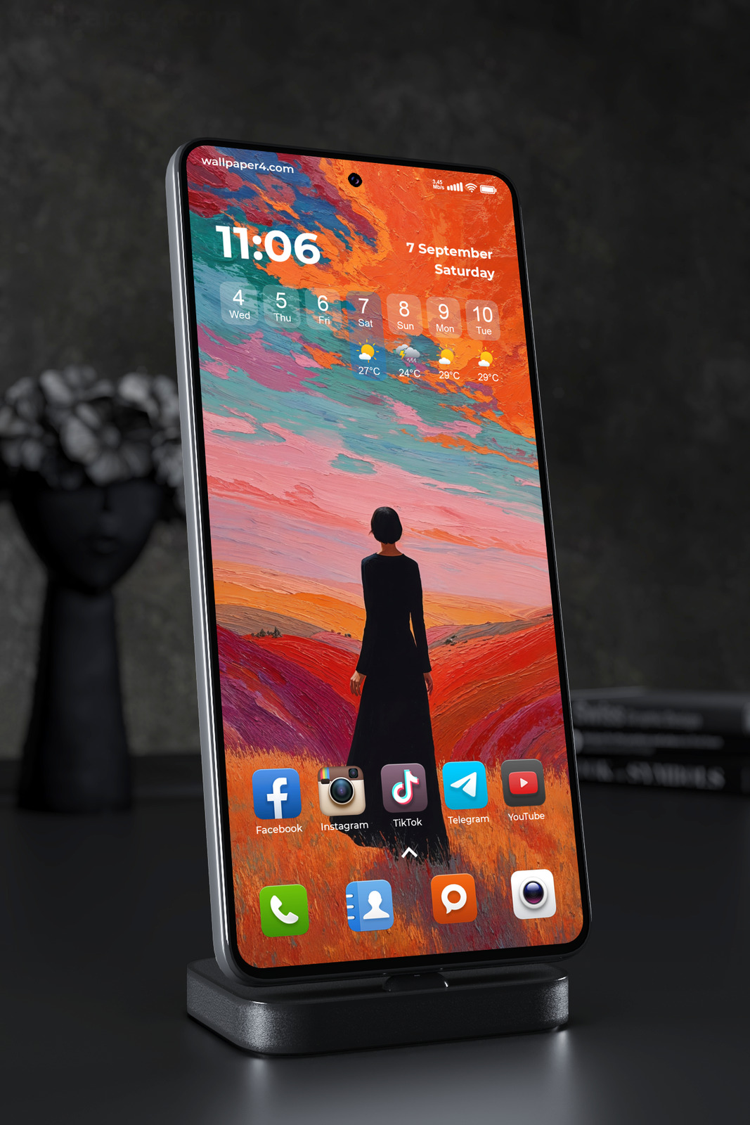 Phone Wallpaper 5084 - Lone Woman in a Vivid Painted Sunset Landscape