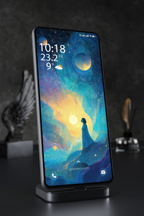 Phone Wallpaper 5088 - Dreamer Beneath Golden Stars and Distant Planets