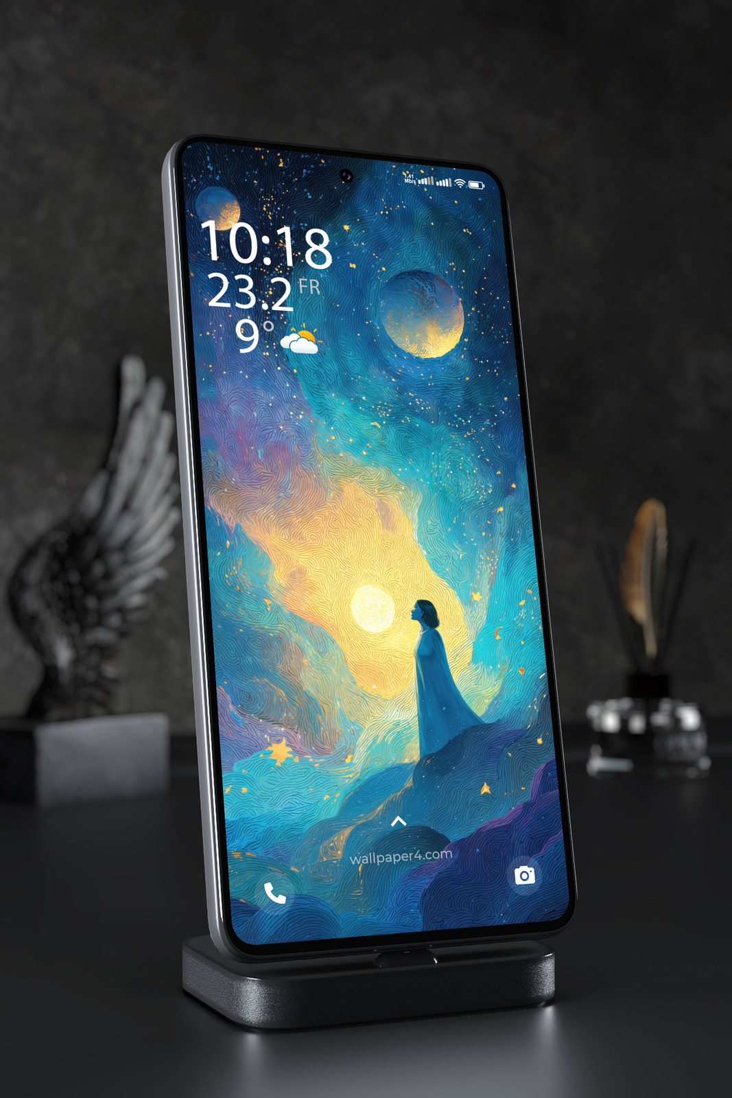 Phone Wallpaper 5088 - Dreamer Beneath Golden Stars and Distant Planets