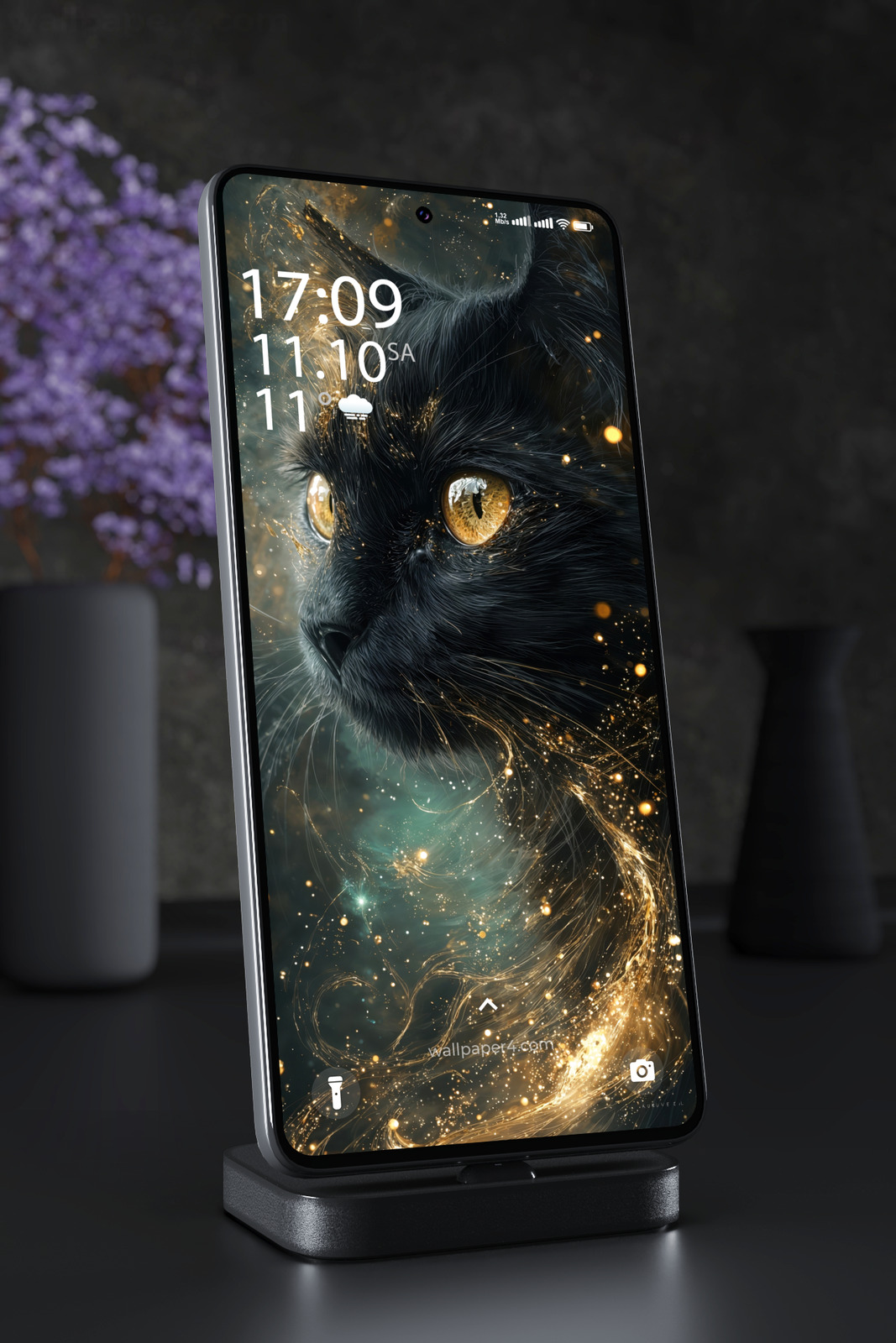 Phone Wallpaper 5100 - Mystic Black Cat with Golden Eyes and Sparks