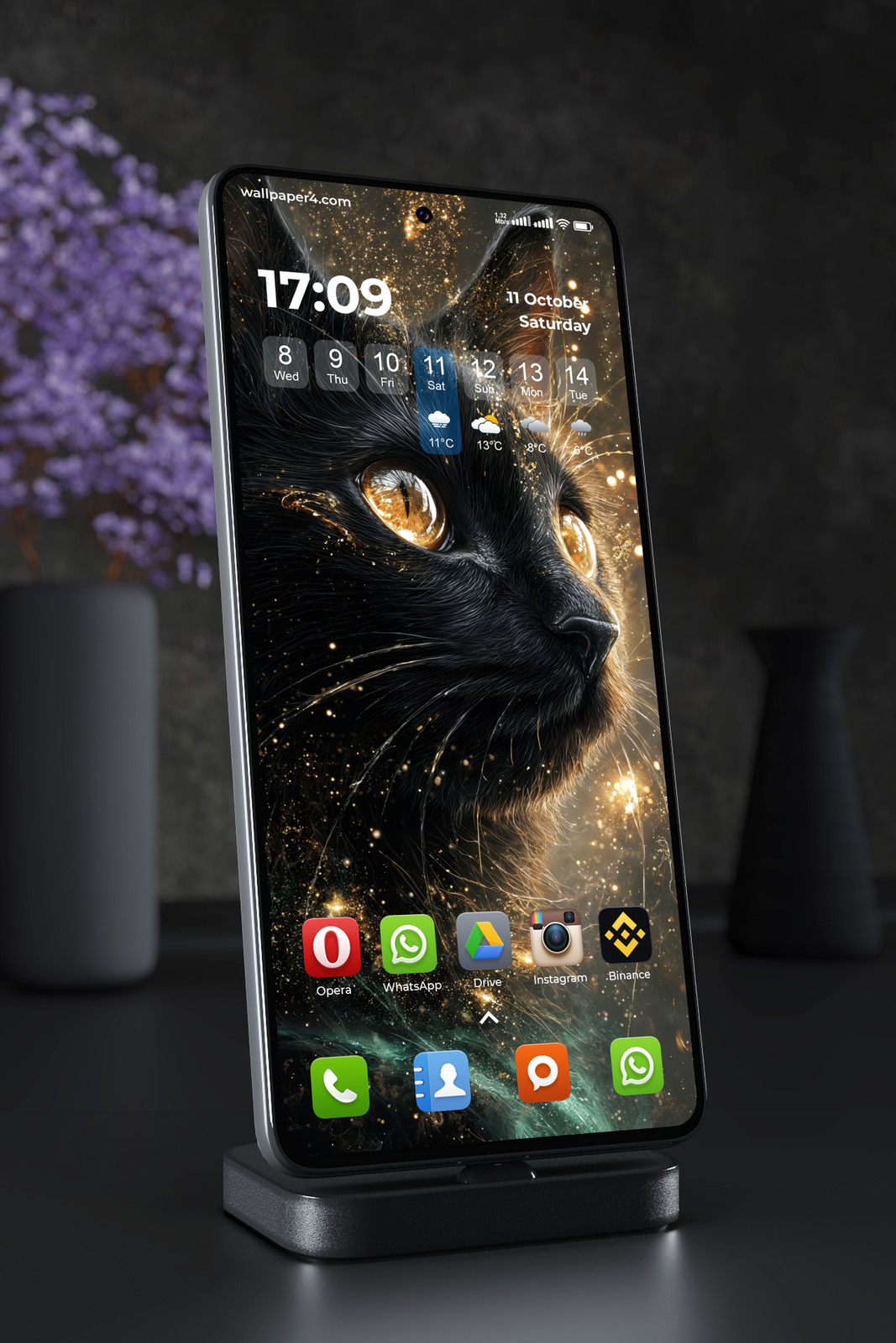 Mobile Wallpaper 5100 - Mystic Black Cat with Golden Eyes and Sparks