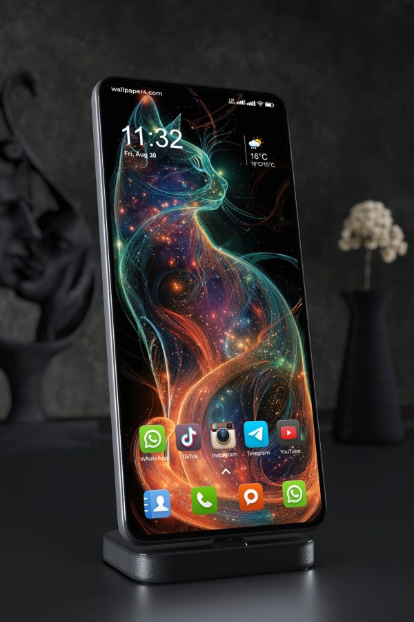 Phone Wallpaper 5105 - Neon Cosmic Cat Portrait in Vibrant Rainbow Light