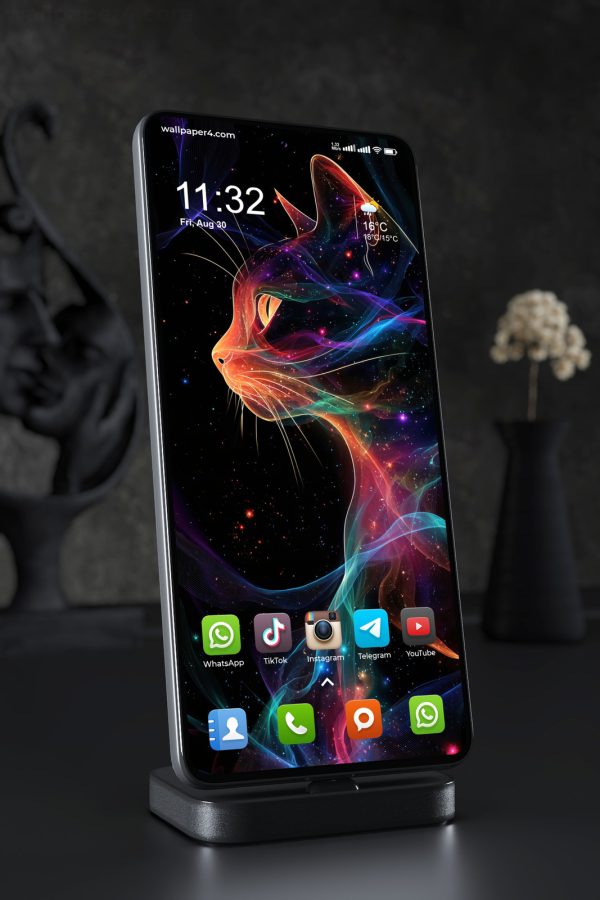 Mobile Wallpaper 5105 - Neon Cosmic Cat Portrait in Vibrant Rainbow Light