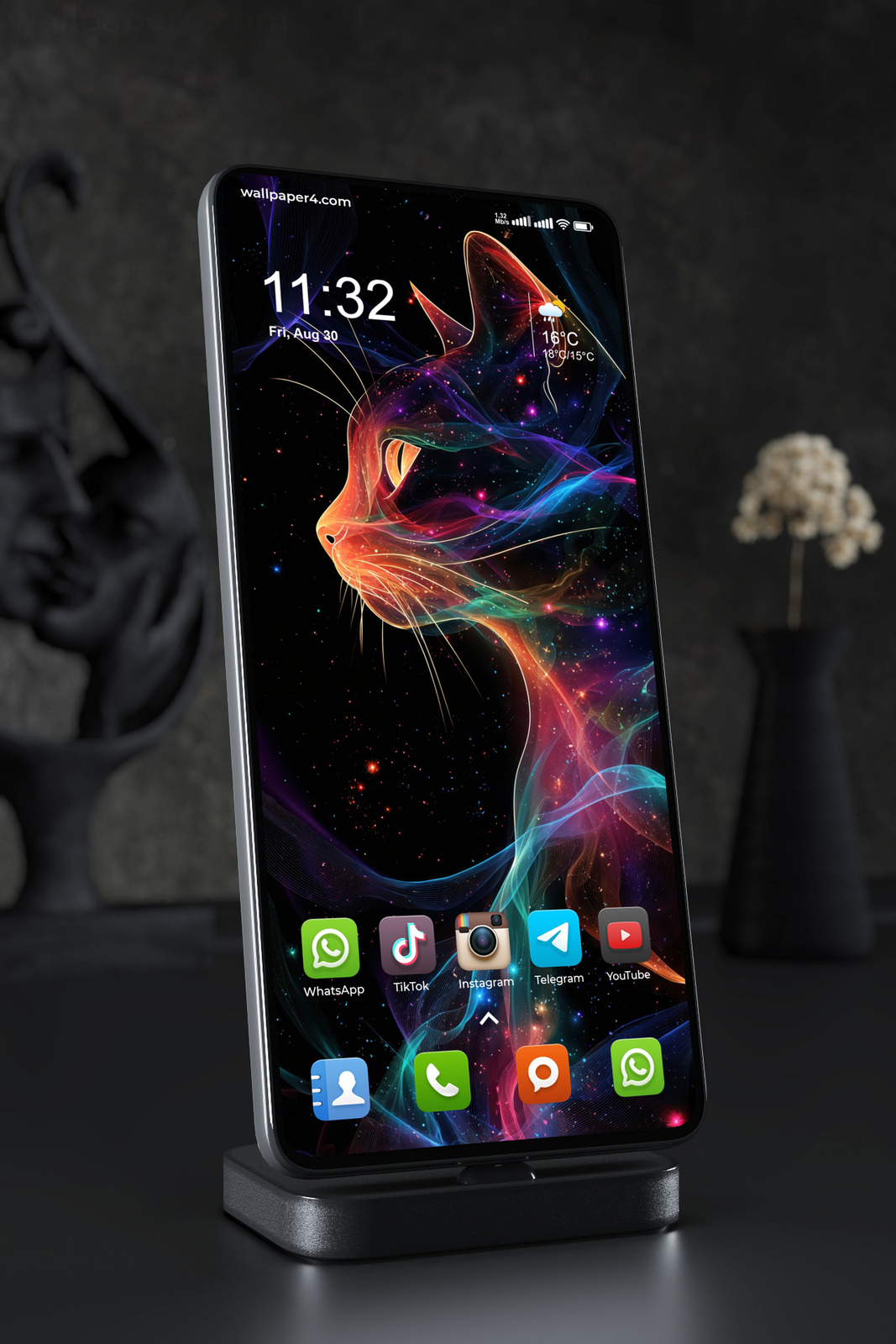 Mobile Wallpaper 5105 - Neon Cosmic Cat Portrait in Vibrant Rainbow Light