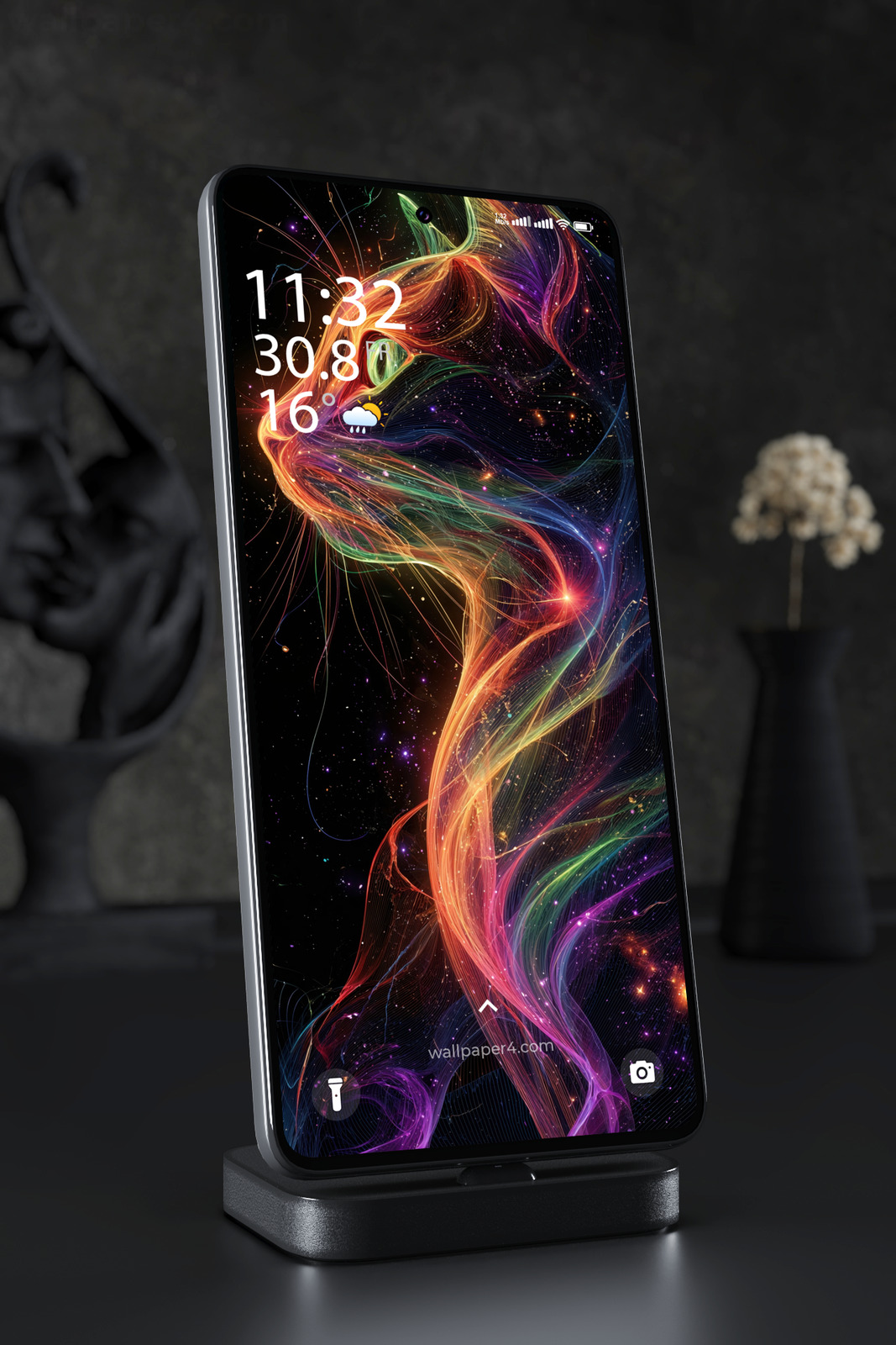 Mobile Wallpaper 5105 - Neon Cosmic Cat Portrait in Vibrant Rainbow Light