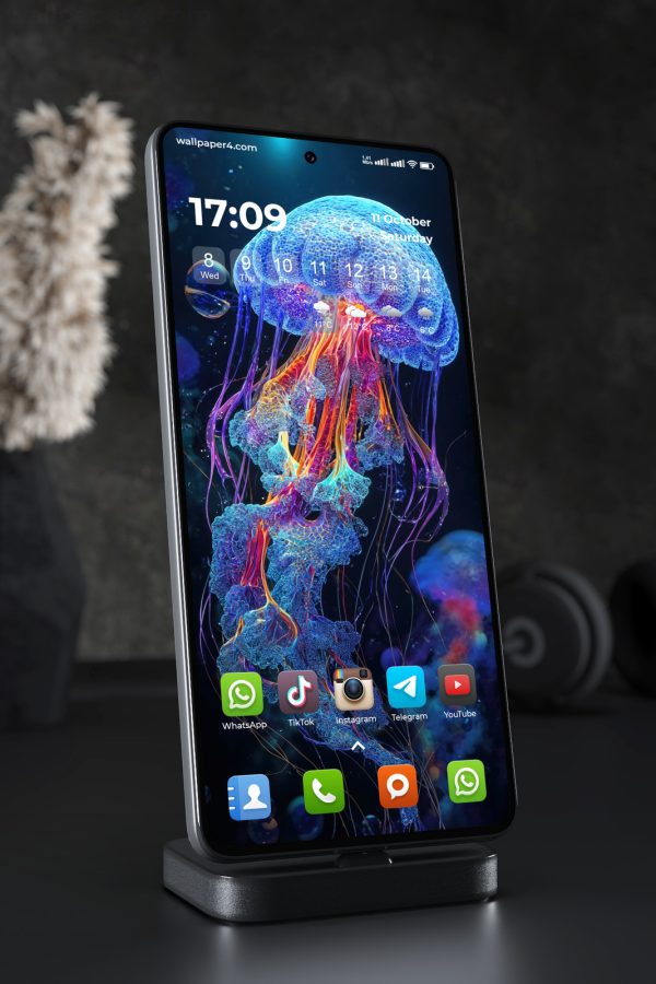 Phone Wallpaper 5110 - Neon Bioluminescent Jellyfish in Deep Ocean