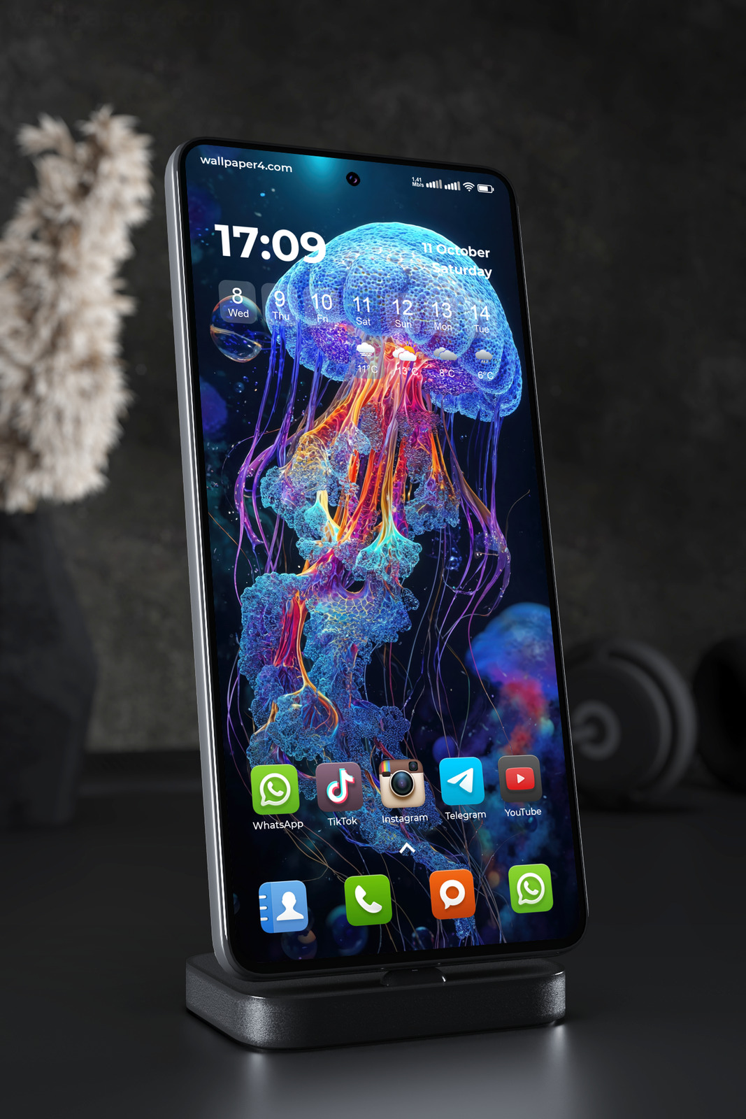 Phone Wallpaper 5110 - Neon Bioluminescent Jellyfish in Deep Ocean