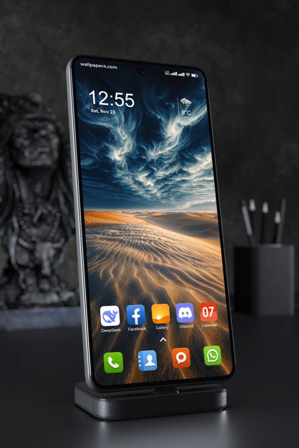 Phone Wallpaper 5125 - Golden Desert Beneath a Cosmic Blue Storm