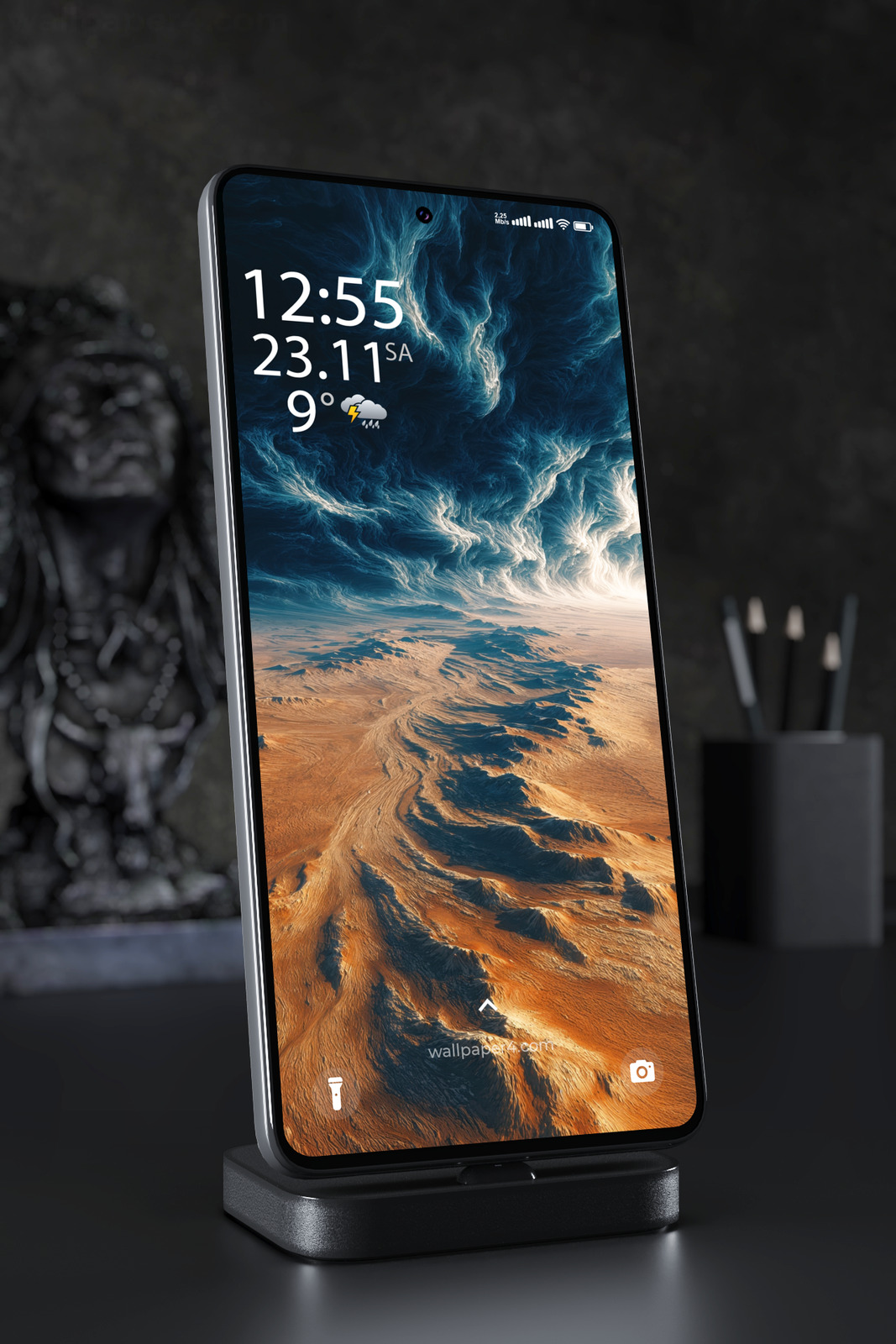 Mobile Wallpaper 5125 - Golden Desert Beneath a Cosmic Blue Storm